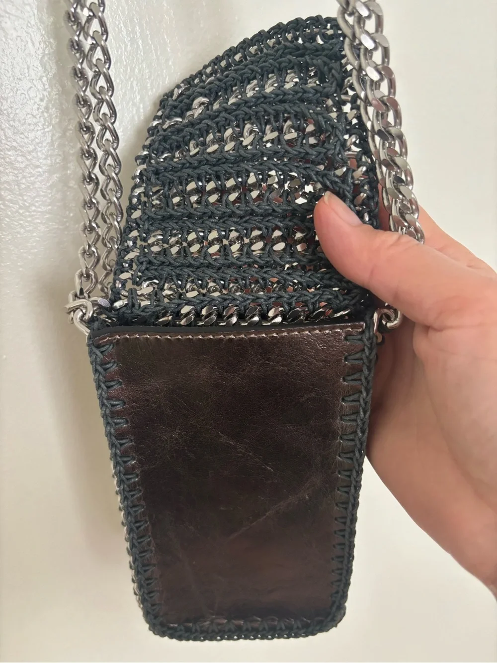 Chain-Trim Metallic Crochet Phone Bag